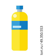 Yellow Plastic Bottle. Yellow plastic bottle with blue label. Illustration of bottle of mineral water. Plastic bottle icon. Retail store element. Simple drawing. Isolated vector illustration on white background. Стоковая иллюстрация, агентство Ingram Publishing / Фотобанк Лори