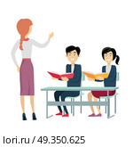 School Lesson Vector Illustration in Flat Design.. School lesson vector. Flat design. Woman teacher talking with students sitting at desks with books in hands. Children education, pedagogical work, teaching in schools illustrating. Isolated on white. Стоковая иллюстрация, агентство Ingram Publishing / Фотобанк Лори