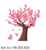 Sakura Tree Isolated. Cherry Blossom. Vector. Sakura tree isolated on white. Full blossom of traditional asian cherry tree, with falling petals. Japanese cherry, Prunus serrulata. Cherry blossom. National flower of Japan. Pink flowers. Vector. Стоковая иллюстрация, агентство Ingram Publishing / Фотобанк Лори