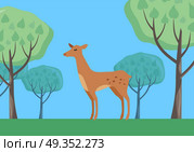 Young fallow deer female in forest on national park with trees behind. Flat style vector. European nature beauty. For travel, nature concept, habitat illustrating. Wildlife and environment concept. Fallow-deer in Habitat Flat Design Illustration . Fallow-deer in Habitat Flat Design Illustration . Стоковая иллюстрация, агентство Ingram Publishing / Фотобанк Лори