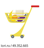 Shopping Trolley with Food Products.. Shopping trolley with food products. Banana, orange, brinjal and paper bag. Shopping cart icon, supermarket and food, grocery. Part of series of shop equipment, fruits and vegetables. Vector. Стоковая иллюстрация, агентство Ingram Publishing / Фотобанк Лори
