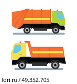 Two Orange Truck. Two orange trucks transportation. Garbage truck with green cabin and orange vehicle. Tipper with yellow cabin and orange vehicle. Truck for assembling and transportation garbage. Стоковая иллюстрация, агентство Ingram Publishing / Фотобанк Лори