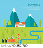 Scavenge concept vector. Flat design. Man character in uniform and working gloves collecting garbage on mountain landscape with house, trees, river. Human impact on the environment. Garbage in nature.. Scavenge Concept Vector in Flat Style Design.. Scavenge Concept Vector in Flat Style Design. Стоковая иллюстрация, агентство Ingram Publishing / Фотобанк Лори