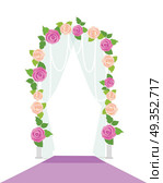 Wedding Arc Door with Flowers. Romantic Element. Wedding arc door with flowers isolated on white. Romantic gentle element for wedding design. Wedding decor fashion interior. Decoration with roses. Save the date archway. Memorable great day. Vector. Стоковая иллюстрация, агентство Ingram Publishing / Фотобанк Лори
