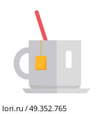 Cup of tea vector. Flat style design. White teacup with tea bag and spoon. Teatime, break, breakfast drinks concept illustration for cafe, shop ad prints, app icons, web design. Isolated on white. . Cup of Tea Vector Illustration in Flat Design.  . Cup of Tea Vector Illustration in Flat Design.  . Стоковая иллюстрация, агентство Ingram Publishing / Фотобанк Лори
