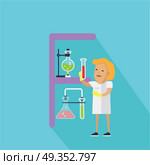 F Letter and Scientist with Chemical Fasks.. F letter and scientist with chemical flasks. Human characters in white gowns with scientific equipment. Alphabet series with people. Chemistry and chemical equipment. Educational concept. ABC vector. Стоковая иллюстрация, агентство Ingram Publishing / Фотобанк Лори