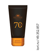 Sun Cream Professional Series. Sun cream professional series. Solar defence. Sun cosmetic. Brown and gold plastic tube for sun block, 70 SPF. Product for body and skin care, beauty, health, freshness, youth. Realistic illustration. Стоковая иллюстрация, агентство Ingram Publishing / Фотобанк Лори
