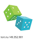 Blue and Green Dices Isolated on White Background. Dices isolated on a white background. Blue and green falling dices. Make wagers on the outcome of roll of a pair of dice. Gambling luck, fortune and bet, risk and leisure, jackpot chance. Vector. Стоковая иллюстрация, агентство Ingram Publishing / Фотобанк Лори