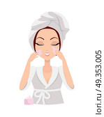 Moisturisation. Girl Applying Nourishing Cream. Moisturisation. Girl applying nourishing cream which allows skin to breathe and gives fresh. Woman instruction how to make up correctly. Girl cares about her look. Part of series of face care. Vector. Стоковая иллюстрация, агентство Ingram Publishing / Фотобанк Лори