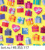 Seamless Pattern Gift Boxes.. Seamless pattern gift boxes. Colorful wrapped gift boxes. Beautiful present box with overwhelming bow. Various gift boxes on yellow background. Gift symbol. Christmas gift box. Vector illustration. Стоковая иллюстрация, агентство Ingram Publishing / Фотобанк Лори