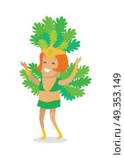 Carnival dancer character vector in flat design. Smiling red-head woman in green carnival costume. Festival in tropics. Samba dancer illustration for vacation, summer party concepts. Isolated on white. Carnival Dancer Character Vector In Flat Design. Carnival Dancer Character Vector In Flat Design. Стоковая иллюстрация, агентство Ingram Publishing / Фотобанк Лори