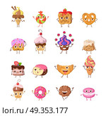 Set of funny dancing sweets. Flat design. Colorful confectionery bake cartoon in different mood smiling, laughing, lost, upset, drowsiness, happy, joyful, angry. For restaurant menu illustrating . Set of Funny Dancing Sweets Vector in Flat Design. Set of Funny Dancing Sweets Vector in Flat Design. Стоковая иллюстрация, агентство Ingram Publishing / Фотобанк Лори