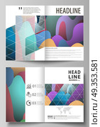 Business templates for bi fold brochure, magazine, flyer, booklet or annual report. Cover design template, flat style vector layout in A4 size. Colorful pattern with shapes forming abstract background. Business templates for bi fold brochure, magazine, flyer, booklet or annual report. Cover design template, easy editable vector, abstract flat layout in A4 size. Bright color pattern, colorful design with overlapping shapes forming abstract beautiful background. Стоковая иллюстрация, агентство Ingram Publishing / Фотобанк Лори
