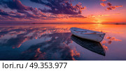 A boat is floating on a calm lake at sunset. Стоковое AI-изображение, AI-художник Ярославский Максим / Фотобанк Лори