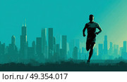 A man runs through a cityscape with tall buildings in the background. Стоковое AI-изображение, AI-художник Ярославский Максим / Фотобанк Лори