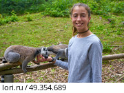 Kid girl having fun with ring tailed lemur animal. Kid girl having fun with ring tailed lemur animal outdoor. Стоковое фото, агентство Ingram Publishing / Фотобанк Лори