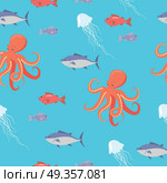 Shark, Fish, Octopus, Jellyfish Endless Texture.. Sea life seamless pattern. Shark, fish, octopus, jellyfish endless texture. Wallpaper design with sea cartoon creatures in flat style design. Sea life animals on blue background. Vector illustration. Стоковая иллюстрация, агентство Ingram Publishing / Фотобанк Лори