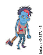 Scary Zombie Man Walking with Ax Flat Vector. Scary zombie walking. Frightening dead man with blue skin, blood stains, dressed in tatter drags bloody ax flat vector. Horror character for Halloween. Fashion patch in cartoon 80s-90s comic style. Стоковая иллюстрация, агентство Ingram Publishing / Фотобанк Лори