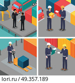 Set of Dock Workers at Warehouse. Vector. Set of dock workers at warehouse. Cargo worker and foreman. Supervisor check container data. Inspector control working process in seaport. Coworkers near cargo containers. Businessmen talking. Vector. Стоковая иллюстрация, агентство Ingram Publishing / Фотобанк Лори