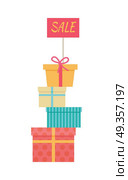 Big Pile of Wrapped Gift Boxes Vector Sale Concept. Sale concept. Big pile of colorful wrapped gift boxes. Mountain gifts sale. Beautiful present box with overwhelming bow. Gift box icons, symbols. Christmas sale. Isolated vector illustration. Стоковая иллюстрация, агентство Ingram Publishing / Фотобанк Лори