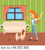 Dog training vector concept. Flat design. Woman scolding dog because excrement on the carpet in the middle of the room. Pet problematic behavior. Attention and walks deficit. For cleaning company ad . Dog training vector concept. Flat design. Woman scolding dog bec. Dog training vector concept. Flat design. Woman scolding dog bec. Стоковая иллюстрация, агентство Ingram Publishing / Фотобанк Лори