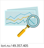 Magnifier with Diagram on Squared Paper. Magnifier with colour diagram on squared paper. Diagram icon. Concept of online business, commerce statistics, business analysis, information. Isolated object on white background. Vector illustration. Стоковое фото, агентство Ingram Publishing / Фотобанк Лори