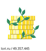 Plant Growth from Money Coin Stack Isolated. Plant growth from money coin stack isolated on white. Icon of business and creativity. Business investment growth concept. Strategic management. Money deposits to bank sign. Vector design illustration. Стоковое фото, агентство Ingram Publishing / Фотобанк Лори