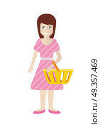 Women with Trolley Basket at Supermarket. Women with trolley basket at supermarket. Girl with cart purchases design. Lady consumer with empty cart starts her shopping. Buyer with empty plastic basket. Shopper purchase. Vector illustration. Стоковая иллюстрация, агентство Ingram Publishing / Фотобанк Лори