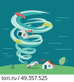 Destructive tornado vector concept. Flat design. Huge vortex lifted into the air house, car and trees, knocked down man and destroyed building. Natural disaster illustration for insurance company ad. Natural Disaster Flat Design Vector Illustration. Natural Disaster Flat Design Vector Illustration. Стоковая иллюстрация, агентство Ingram Publishing / Фотобанк Лори