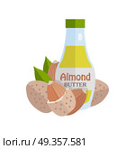 Almonds with Almond Butter.. Almonds with Almond Butter. Ripe almonds in flat. Almond butter in glass bottle. Several brown almond kernels with leaves. Healthy vegetarian food. Vector illustration. Стоковая иллюстрация, агентство Ingram Publishing / Фотобанк Лори