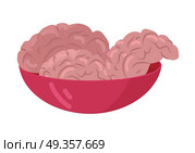 Zombies flesh treat. Fresh human brains in red bowl flat vector illustration isolated on white background. Food for horror undead monsters. For Halloween celebrating humorous concepts design. Brains in a Bowl Flat Design Vector Illustration. Brains in a Bowl Flat Design Vector Illustration. Стоковая иллюстрация, агентство Ingram Publishing / Фотобанк Лори
