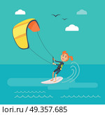 Kitesurfing vector concept. Joyful woman holding kite and sliding on sea surface on surf flat vector. Leisure on summer vacation. Resting on tropical seacoast. For kiteboarding club, travel company  . Kitesurfing Vector Concept in Flat Design  . Kitesurfing Vector Concept in Flat Design  . Стоковая иллюстрация, агентство Ingram Publishing / Фотобанк Лори