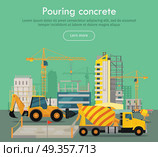 Pouring Concrete Conceptual Flat Vector Web Banner. Pouring concrete conceptual web banner. Concrete mixing truck and loader on building site, buildings and cranes on background flat vector illustration. For construction company landing page design. Pouring Concrete Conceptual Flat Vector Web Banner. Стоковая иллюстрация, агентство Ingram Publishing / Фотобанк Лори