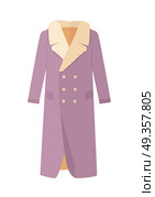 Warm Coat with Fur on Neck Flat Design Vector. Warm coat with wool on neck. Elegant violet woman s fur coat flat vector isolated on white background. Luxury clothing for winter seasons. Outerwear for cold weather. For store ad, fashion concept.. Warm Coat with Fur on Neck Flat Design Vector. Стоковая иллюстрация, агентство Ingram Publishing / Фотобанк Лори