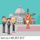 Deer Singing Song Near Conservatory Reindeer Opera. Deer singing song near the conservatory. Reindeer in suit sing opera. Audience applause to him. Deer singer in flat style design. Cute cartoon mammal posing. Deer in bow. Vector illustration. Стоковая иллюстрация, агентство Ingram Publishing / Фотобанк Лори