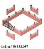 Iron Fence with Brick Columns Isolated on White. Iron fence with brick columns isolated on white. Gate with wicket in flat style design. Isometric projection. Metal gates, wrought iron, lattice gates and fences for yard. Vector illustration. Стоковая иллюстрация, агентство Ingram Publishing / Фотобанк Лори