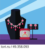 Jewelry Set Necklace, Ring and Earrings Isolated. Jewelry set necklace, ring and earrings isolated on white. Beautiful women luxury silver set with precious red stone. Includes necklace, earrings and ring. Collection of elegant accessories. Vector. Стоковая иллюстрация, агентство Ingram Publishing / Фотобанк Лори