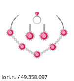 Jewelry Set Necklace, Ring and Earrings Isolated. Jewelry set necklace, ring and earrings isolated on white. Beautiful women luxury silver set with precious red stone. Includes necklace, earrings and ring. Collection of elegant accessories. Vector. Стоковая иллюстрация, агентство Ingram Publishing / Фотобанк Лори