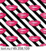 Seamless Pattern Smile Lips with Teeth on Striped. Seamless pattern patch smiling lips with teeth on striped background. Parted lips painted with red lipstick and white teeth. Cosmetic wrapping, covers. Fashion patch in cartoon 80s-90s comic style. Стоковая иллюстрация, агентство Ingram Publishing / Фотобанк Лори