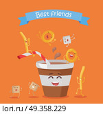 Best Friends, Food Banner. Best friends, food banner. Happy fast food cartoon characters rejoice and dance. French fries, donuts and cola in plastic glass cartoon characters. Animated food on orange background. Стоковая иллюстрация, агентство Ingram Publishing / Фотобанк Лори