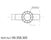 Drawing precious ring with diamond. Vector in flat style design. Designing perfect jewelery. Masterful jeweler work. Illustration for jewelry studio and store ad. Isolated on white background.. Drawing Jewels Ring Vector Illustration. Drawing Jewels Ring Vector Illustration. Стоковая иллюстрация, агентство Ingram Publishing / Фотобанк Лори