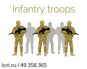 Infantry Troops Soldiers with Weapon. Vector. Infantry troops soldiers with weapon. Men in camouflage combat uniform. Branch of army engages in close military combat on foot. Bear large brunt of warfare, suffer great number of casualties. Vector. Стоковая иллюстрация, агентство Ingram Publishing / Фотобанк Лори
