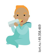 Adorable Child Drinking From Bottle Isolated. Adorable child drinking from bottle isolated on white. Little european baby drinks milk from the bottle. Small toddler sit and eat meal. Part of series of people of the world. Vector in flat style. Стоковая иллюстрация, агентство Ingram Publishing / Фотобанк Лори