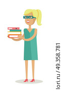 Office Worker Character Vector Illustration. . Office worker character vector. Flat design. Young smiling blonde woman in glasses standing and holding stuck of documents. Paper work, data analyzing Illustration for business concepts, infographics. Стоковая иллюстрация, агентство Ingram Publishing / Фотобанк Лори