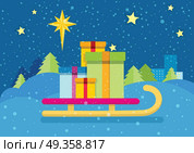 Christmas Presents on Sledge. Snowy Background. Christmas presents on the sledge on the background of snowy landscape and night star sky. Toboggan with gift boxes. New Year and Xmas concept. Sleigh carrying cadeaus. Star of Bethlehem. Vector. Стоковая иллюстрация, агентство Ingram Publishing / Фотобанк Лори