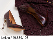 Hight heel shoes for Christmas party. Hight heel elegant shoes and laced dress. Стоковое фото, агентство Ingram Publishing / Фотобанк Лори
