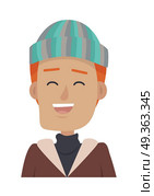Hat. Smiling Man in Colourful Headwear. Red Hair. Hat. Smiling young man in colourful hat. Male with red hair wearing stripped bright hat. Cap with blue, green, silver lines. Brown jacket. Dark silver sweater. White background. Vector illustration. Стоковая иллюстрация, агентство Ingram Publishing / Фотобанк Лори