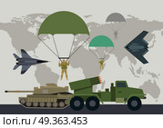Armed Forces Vector Concept in Flat Design. Different types of armed forces. Paratroopers, fighter jet, bomber, tank, reactive artillery flat vector illustrations world map on background. For warfare concepts, military service contract ad. Armed Forces Vector Concept in Flat Design. Стоковая иллюстрация, агентство Ingram Publishing / Фотобанк Лори