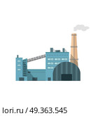 Industry Manufactory Building Isolated on White. Industry manufactory building icon. Factory producing oil and gas, metals and rubber, energy and power. Nuclear manufacturing station making smoke and air pollution. Destroying nature. Vector. Стоковая иллюстрация, агентство Ingram Publishing / Фотобанк Лори
