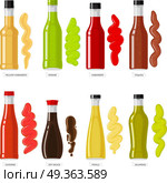 Sauces Set. Different Bottles of Dressings. Vector. Set of sauces. Different bottles of dressings. Various shape and size of bottles. Yellow, red habanero. Wasabi. Chipotle. Cayenne. Soy sauce. Fatalii. Jalapeno. White background Vector illustration. Стоковая иллюстрация, агентство Ingram Publishing / Фотобанк Лори